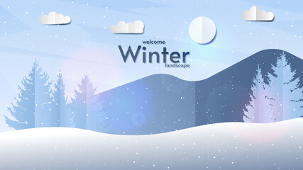 Fototapeta na wymiar Vector illustration. Flat winter landscape. Snowy day with firs, coniferous forest, falling snow. Paper style. Design elements for wallpaper, cover. 
