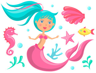 Underwater life of mermaid, blue fish, sea horse, coral and seaweed in ocean. Marine fairytale characters on white background. Girl with mermaid tail and long hair, cartoon water nymph,