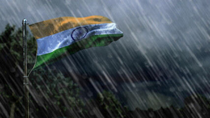 flag of India with rain and dark clouds, squall wind forecast symbol - nature 3D illustration