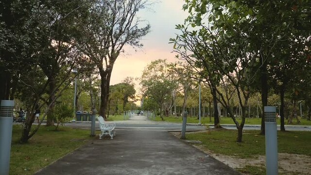 First person view. Relax in green city park with beautiful pink sunset on background. Boardwalk in public park with green trees, benches and walking peoples. Family fun in nature park. Slow motion