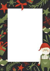Red and green Christmas and New year frame template. Cute winter border with Santa, gift boxes, bows, Christmas tree toys and decorations, isolated on white background.