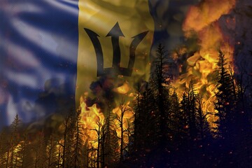Forest fire fight concept, natural disaster - infernal fire in the woods on Barbados flag background - 3D illustration of nature