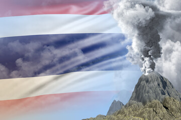 stratovolcano eruption at day time with white smoke on Thailand flag background, troubles because of disaster and volcanic ash concept - 3D illustration of nature