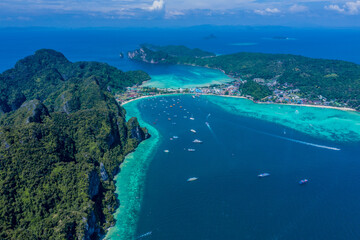 Aerial view of Phi Phi, Maya beach with blue turquoise seawater,