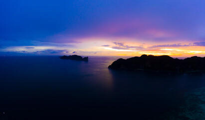 Fototapeta premium Aerial view of Phi Phi, Maya beach with blue turquoise seawater,