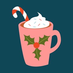 Cute winter cozy hot drink. Cup hot chocolate, cocoa with candy cane for christmas and new year card, typography poster, label, brochure, flyer, page, banner. Vector illustration in cartoon style.