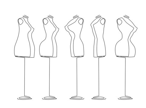 Types the female figure as a tailor's mannequin. Continuous line drawing. Vector illustration.