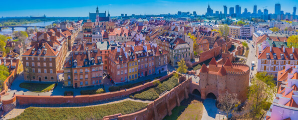 Warsaw, Poland Historic cityscape skyline roof with colorful arc