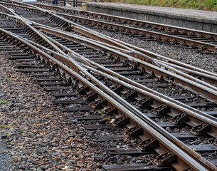 Switches and rails at the Beekbergen station of the Velusche Stoomtrein Maatschappij. The VSM runs steam locomotives between Dieren and Apeldoorn in the Dutch province of Gelderland