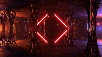 3D render. Abstract futuristic geometric background with particle motion and neon frame in a cyber space. Abstract interior sci-fi spaceship corridors, virtual reality space
