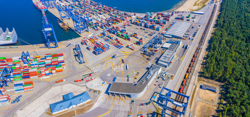 Aerial top view container cargo ship waiting for loading, import