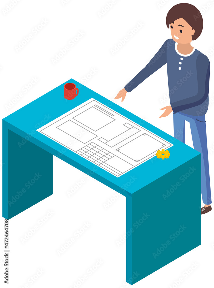 Wall mural man stand by table with paper plan. person work on mockup of machinery. architect or designer workin