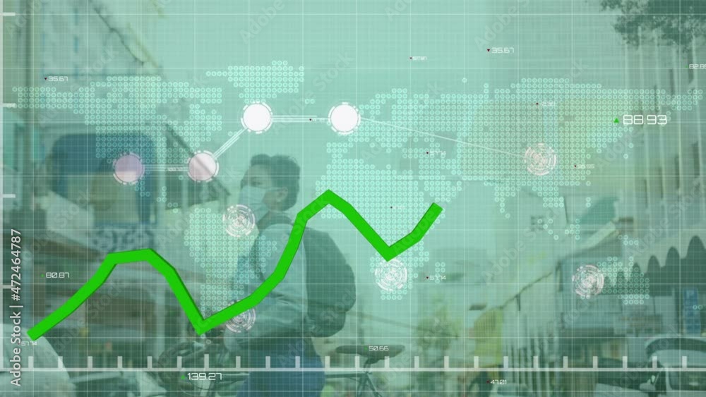 Sticker Animation of statistics and data processing with green line over woman in face mask