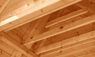 Wooden roof structure for a house, wooden house construction.