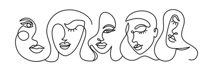 Face of an abstract woman in a modern abstract minimalist one line style. Continuous black line faces simple drawing. Isolated on white. Vector fashion illustration.