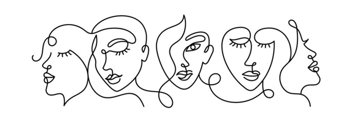 Face of an abstract woman in a modern abstract minimalist one line style. Continuous black line faces simple drawing. Isolated on white. Vector fashion illustration.