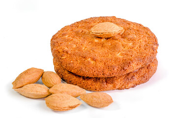 Cookies and grain almond on white background
