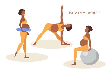 Sports lifestyle during pregnancy. Exercises with fitball, yoga for pregnant women. Pregnant African American woman in sportswear makes Exercises Women healthy life style concept. Prenatal Exercises