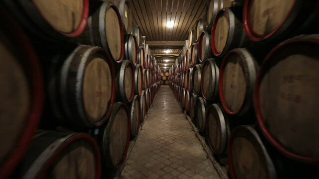 A Wine Cellar. Storage Room for Wine in Bottles and Barrels. Old wine in a dark underground vault. Wooden oak whiskey, wine, cognac, brandy or beer barrels. Bottles on wooden shelves.