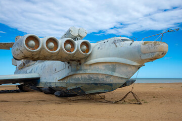 Fototapeta na wymiar Abandoned rocket ship-ekranoplan 