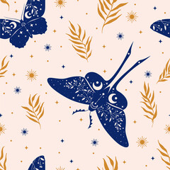 Vector seamless pattern with moon moth and stars. Contemporary composition. Trendy texture for print, textile, packaging.
