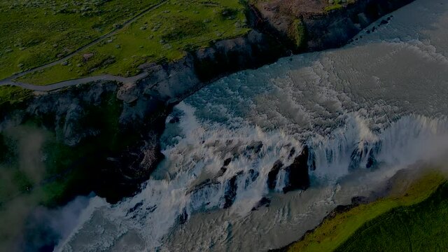 Beautiful cinematic aerial view of Iceland Gullfoss waterfall in the Golden Circule 