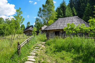 Fototapeta na wymiar Rural landscape with traditional old wooden houses in Carpathian village. Ukrainian countryside