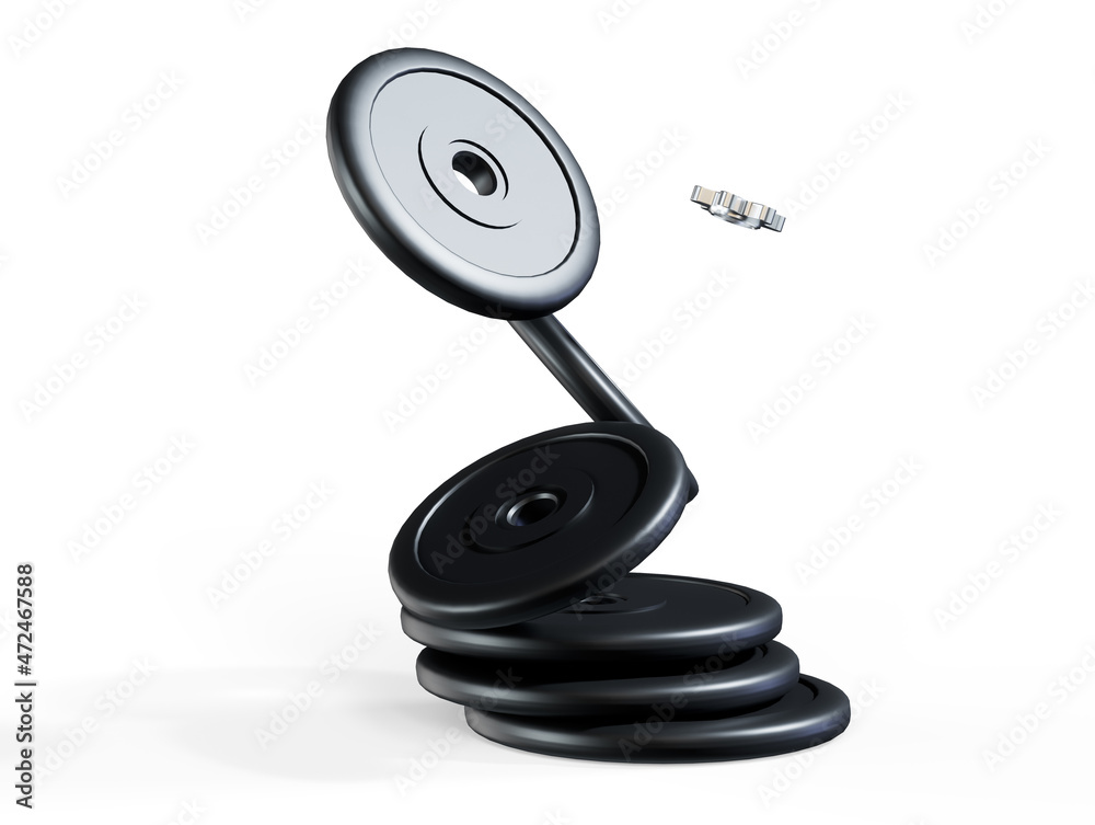 Fototapete 3d rendering of five black barbell weights of different mass hanging in one line on a white backgrou