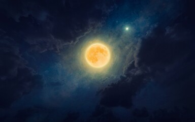 Naklejka na ściany i meble Amazing mysterious image – rising full moon in dark blue starry sky. Full moon party concept image.