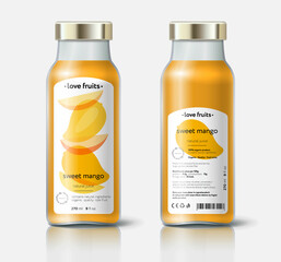 Mango juice packaging. Beautiful transparency whole and cut fruits. Bottle template with face and back labels. 