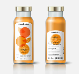 Orange juice packaging. Beautiful transparency whole and cut fruits. Bottle template with face and back labels. 