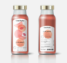 Peach juice packaging. Beautiful transparency whole and cut fruits. Bottle template with face and back labels. 