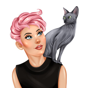 Girl and sphynx cat. Girl and cat couple portrait