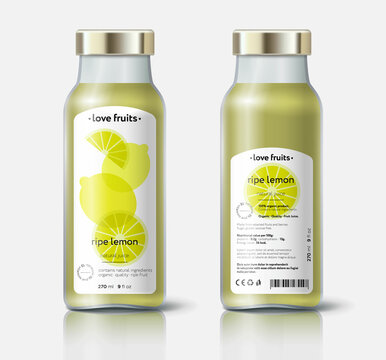 Lemon juice packaging. Beautiful transparency whole and cut fruits. Bottle template with face and back labels. 