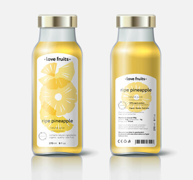 Pineapple juice packaging. Beautiful transparency whole and cut fruits. Bottle template with face and back labels. 