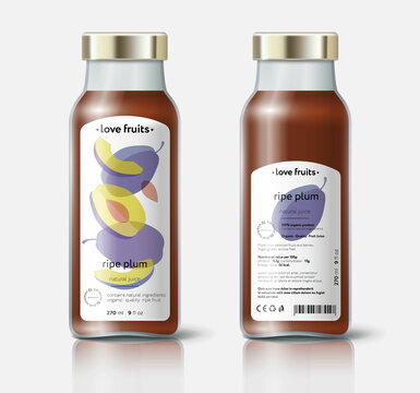 Plum juice packaging. Beautiful transparency whole and cut fruits. Bottle template with face and back labels. 