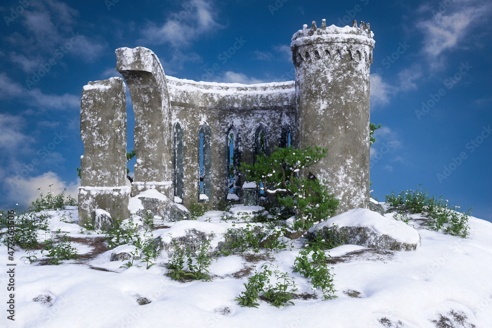 Poster 3D rendering of an old ruined medieval castle on a hill in a sno