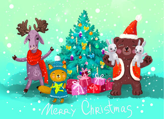 Drawing a card for the new year. Christmas mood, holiday. In the illustration are joyful forest animals, moose, fox, bear and hares. Christmas tree and presents . Suitable for card design