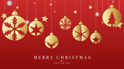 Merry Christmas  background , Golden Christmas balls and Star Golden on red background in Christmas holiday ,Vector illustration EPS 10