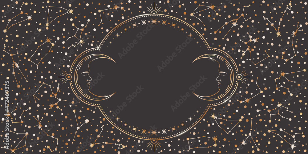 Canvas Prints dark vector celestial background with a copy space. ornate shiny golden frame with zodiac constellat