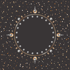 Ornate celestial card template. Festive dark vector astrological background with a copy space. Round shiny golden frame with stars, gems, moon phases and place for text on a black backdrop
