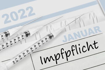 Deutscher Kalender Januar 2022 Corona Pandemie mit Impfpflicht und 3 Spritzen