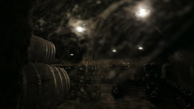 A Wine Cellar. Storage Room for Wine in Bottles and Barrels. Old wine in a dark underground vault. Wooden oak whiskey, wine, cognac, brandy or beer barrels. Bottles on wooden shelves.