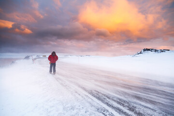 Man walking on snowy road maple at sunset