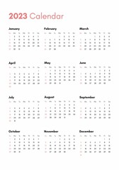 Pocket calendar on 2023 year. Vertical view. Week starts from Sunday. Vector template calendar for business on white background.