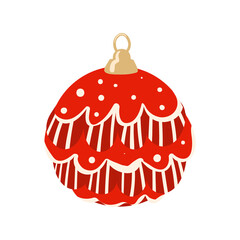 Christmas red ball with white lines isolated on white background. Flat hand drawn vector illustration. Christmas tree decoration. Holiday element