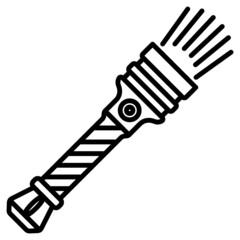 A hand-held metal flashlight with a comfortable long handle. A night lighting device for traveling outside, working as a security guard, a driver. A tourist's tool. Vector icon, outline, isolated