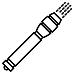A long metal flashlight with a smooth surface. Flashlight for night light. Camping, hiking, traveling outside. Tourist, security guard, driver. Vector icon, outline, isolated