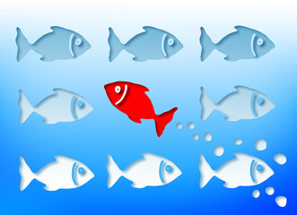 Swim against the tide or standing out from the crowd - concept image with illustration drawn by freehand