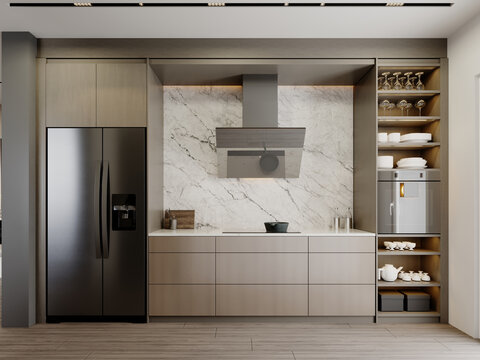 Brown-and-beige kitchen with large black refrigerator and extractor hood with oven on a white marble wall background.